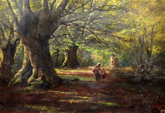 Francis Muschamp (1851-1929) Figures in woodland, 20 x 30in., unframed